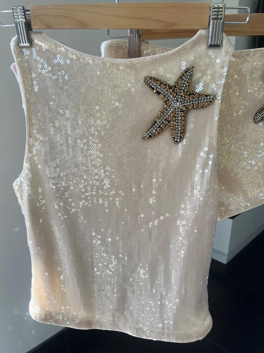 Beige / gold Gem starfish sequin TANK TOP ONLY