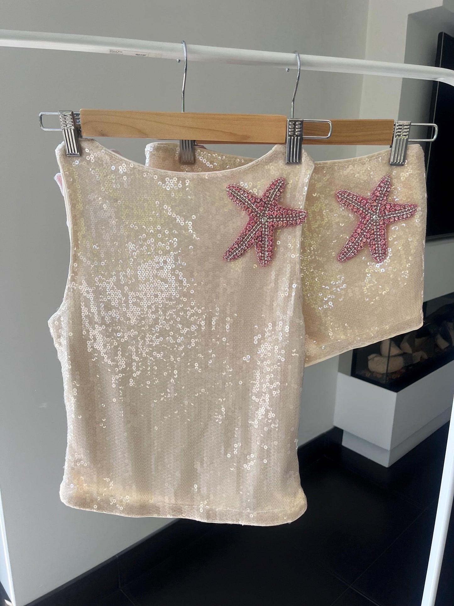 Beige / pink Gem starfish sequin tank & shorts SET