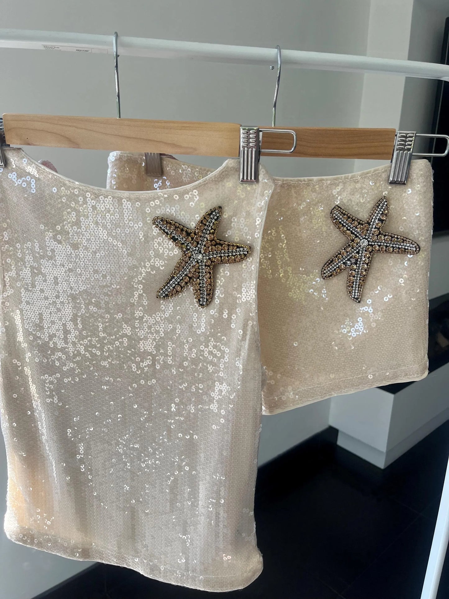 Beige / gold Gem starfish sequin tank & shorts SET