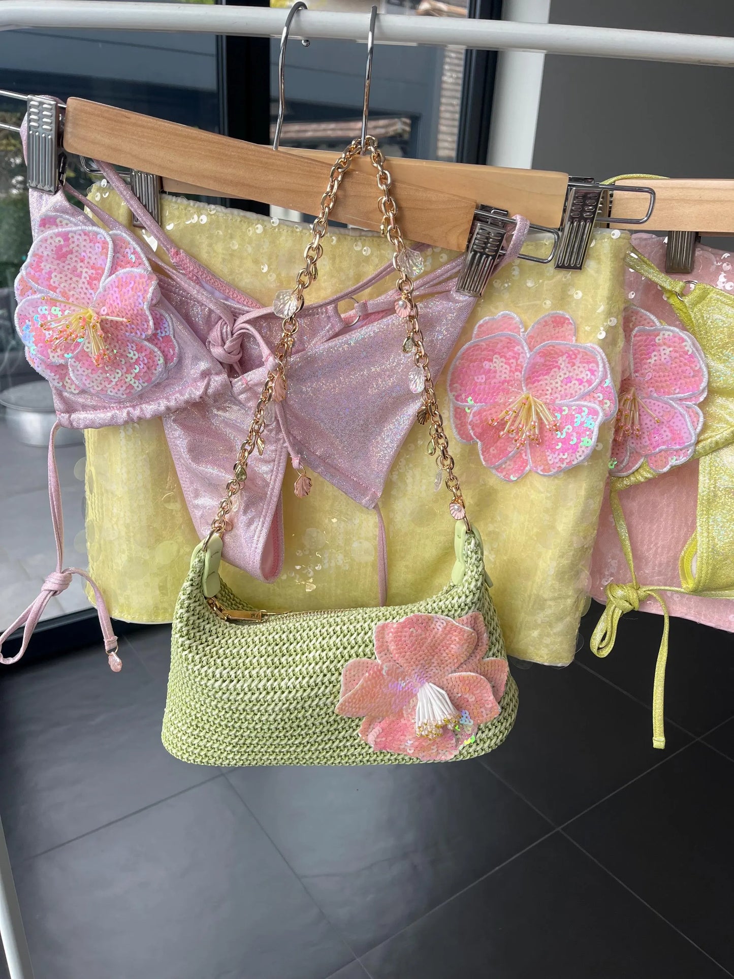 Yellow sequin / pink flora skort