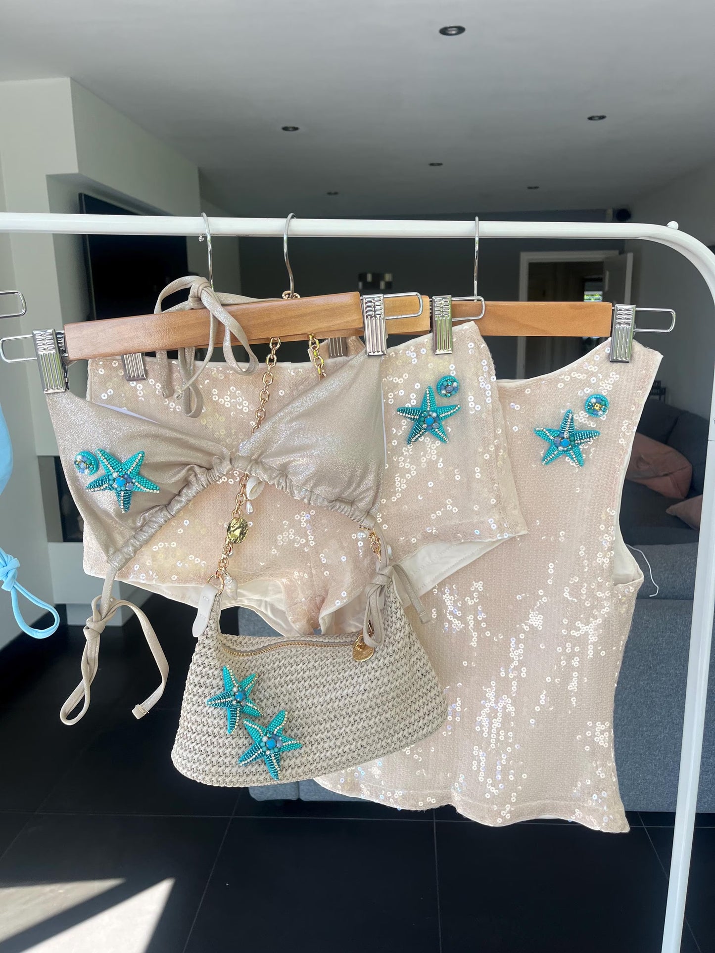 Beige / blue starfish bikini