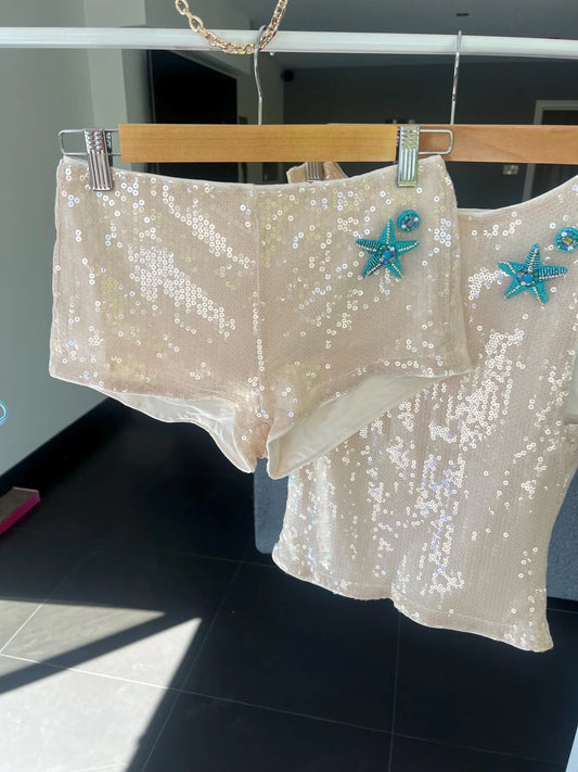 Beige / blue starfish sequin tank & shorts SET