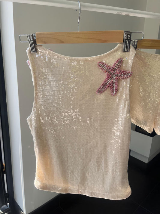 Beige / pink Gem starfish sequin Tank TOP ONLY
