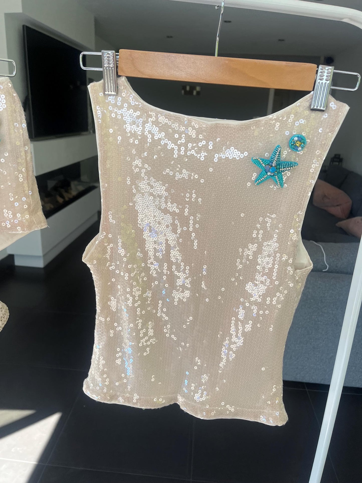 Beige / blue starfish sequin TANK TOP only