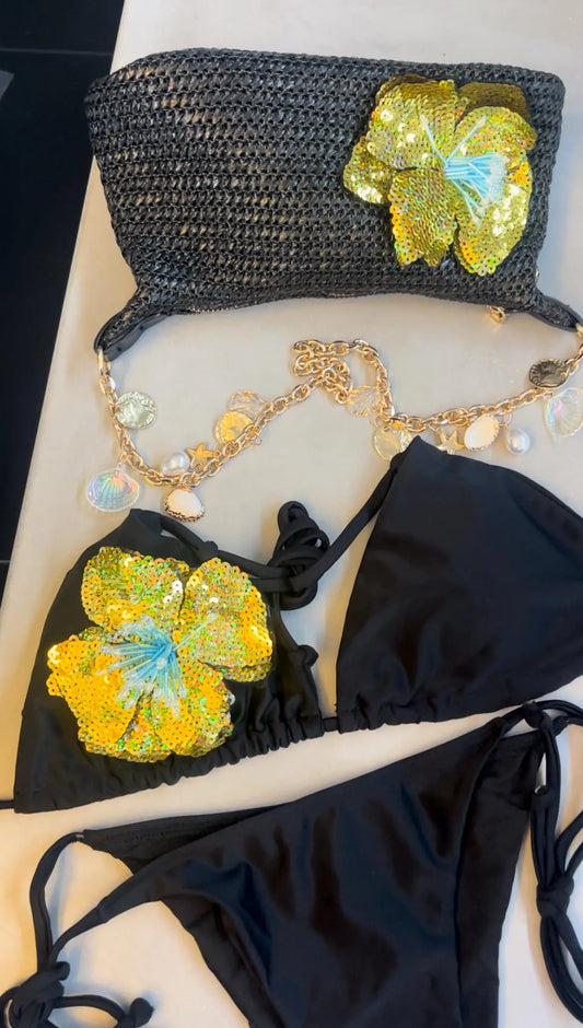 Black / gold flora bikini