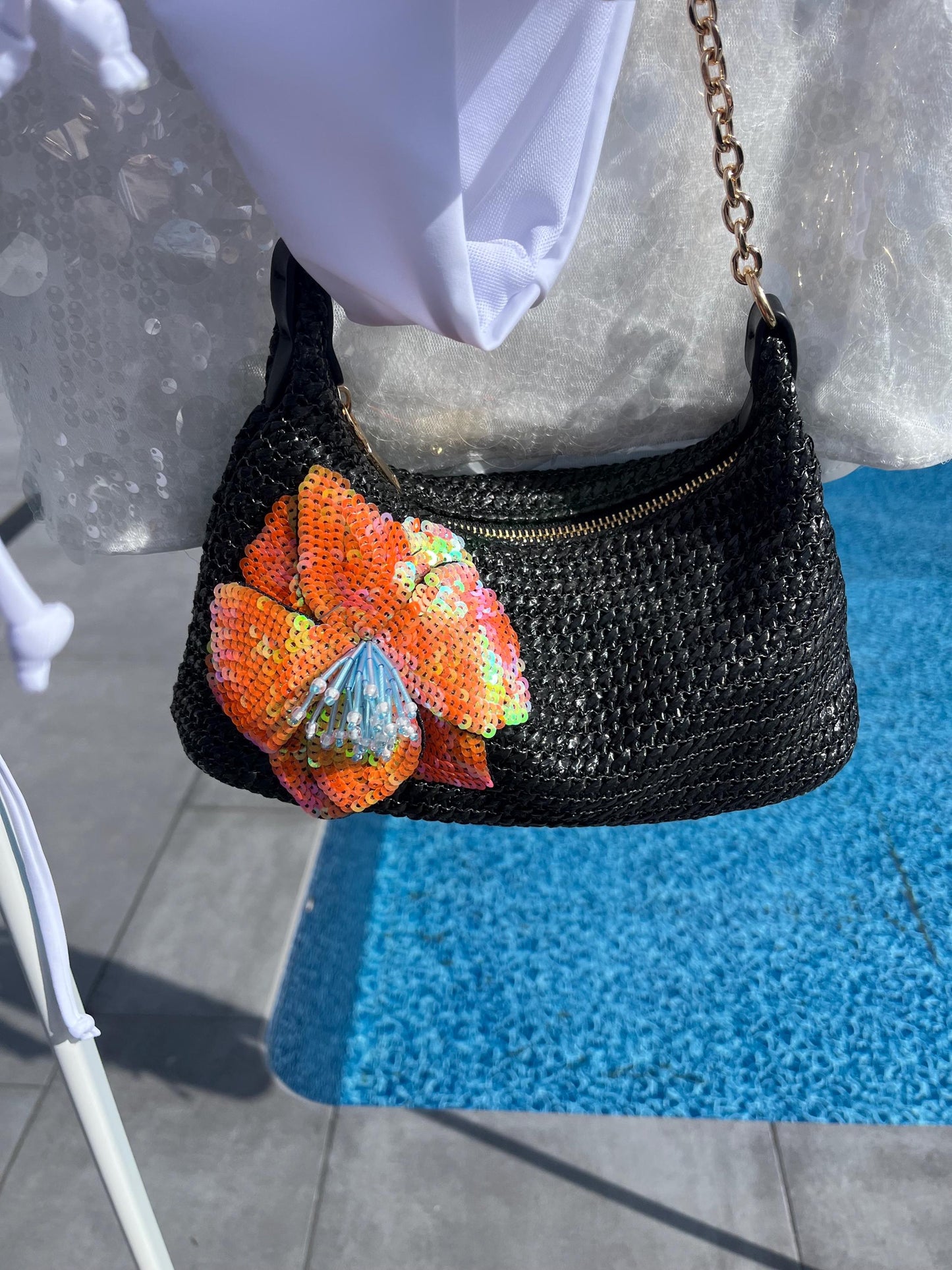 Black / orange flora charm bag