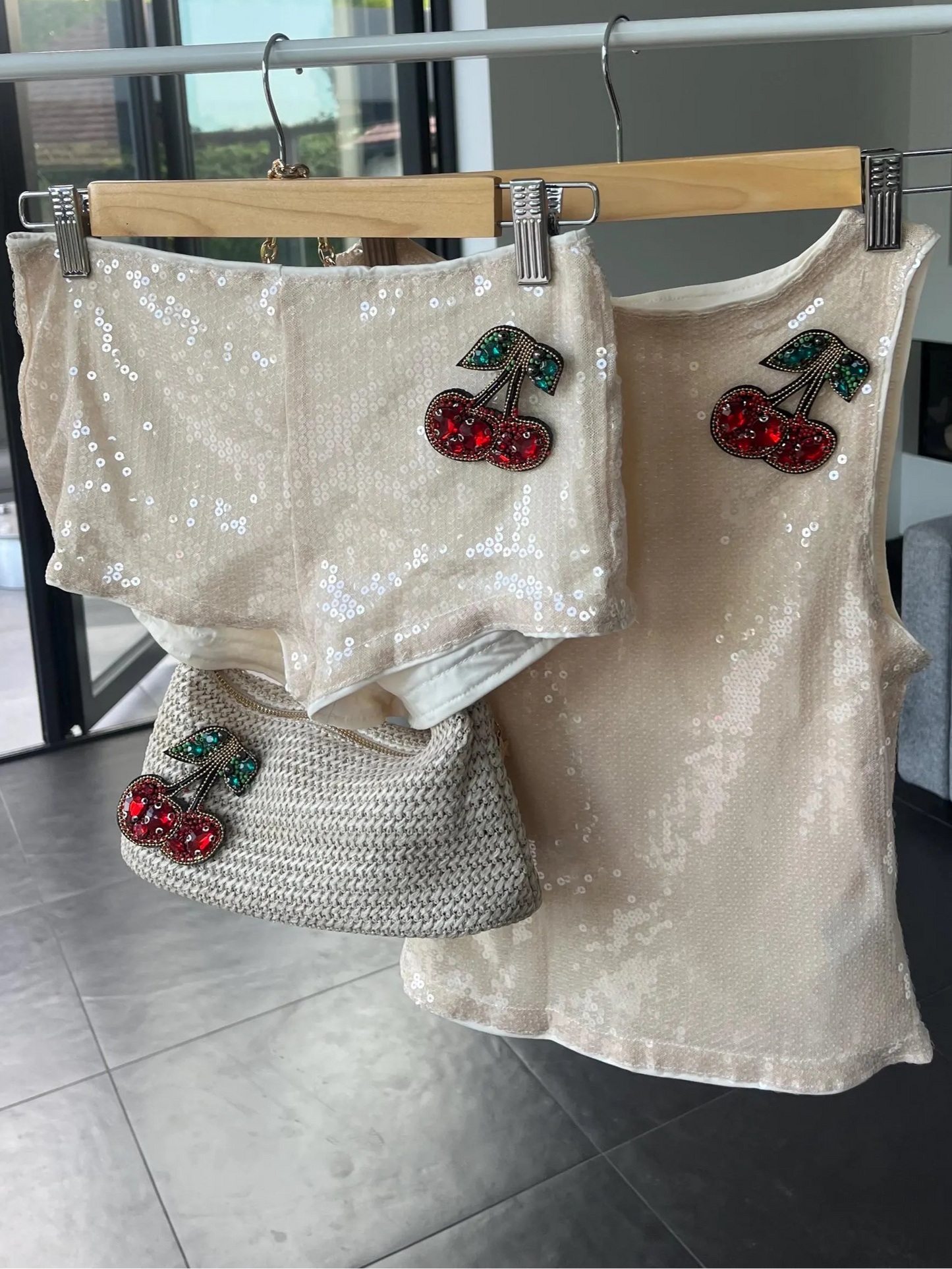 Beige Gem cherry sequin tank & shorts SET