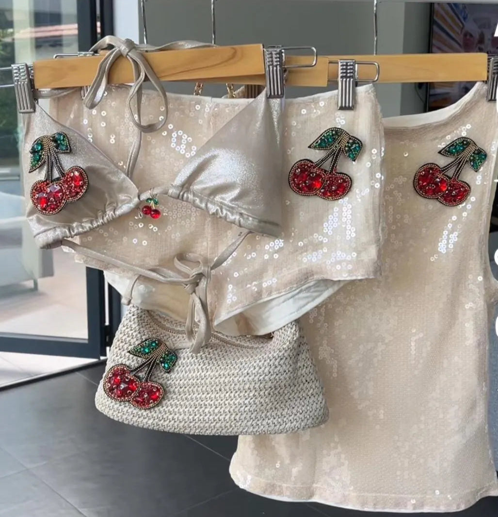 Beige Gem cherry sequin SHORTS ONLY