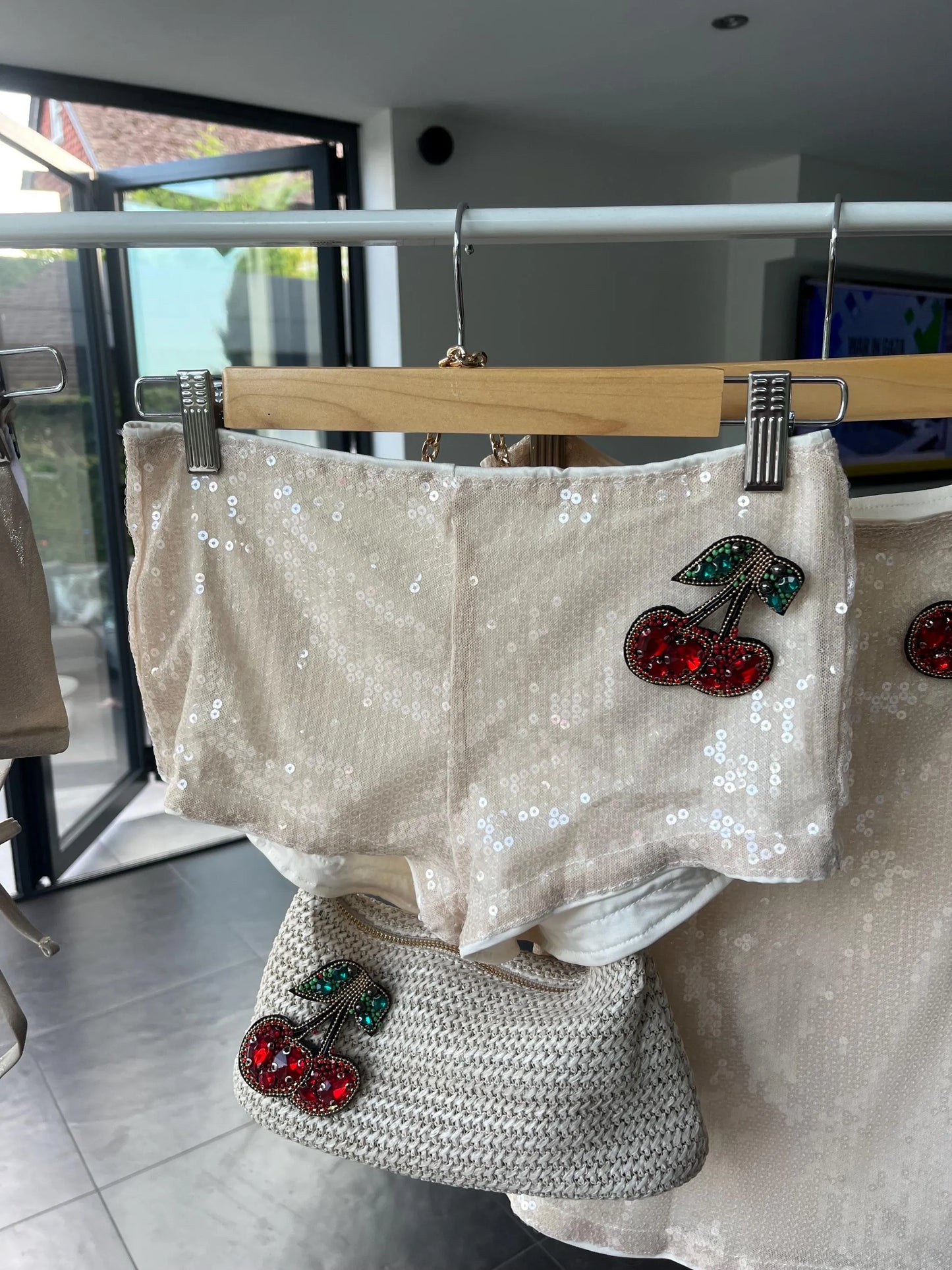 Beige Gem cherry sequin SHORTS ONLY