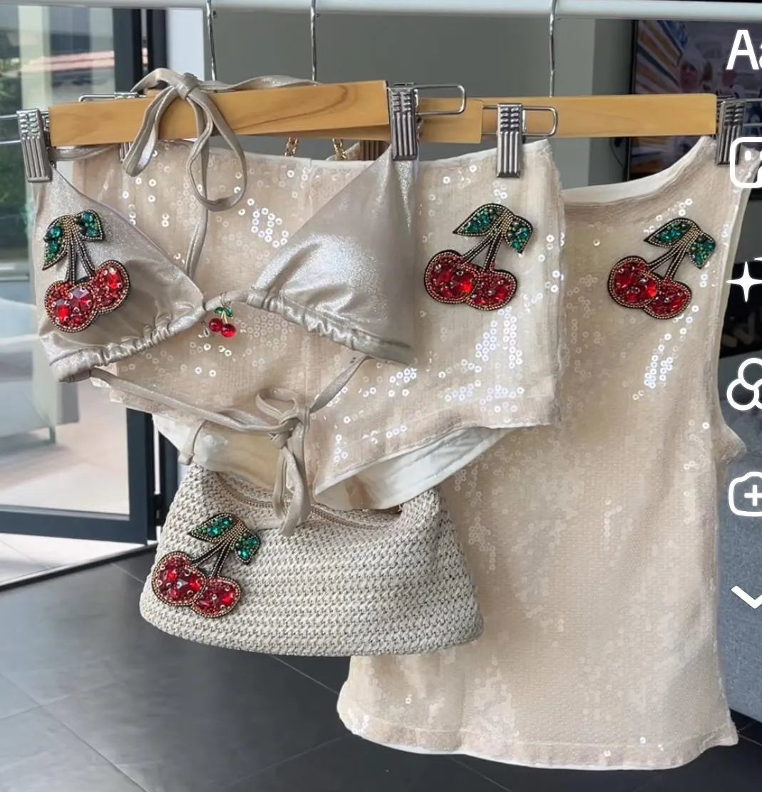 Beige Gem cherry sequin tank & shorts SET