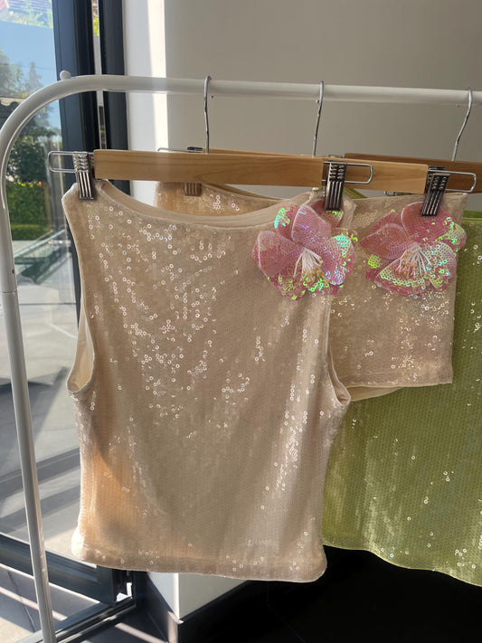 Beige / pink flora sequin tank & shorts SET
