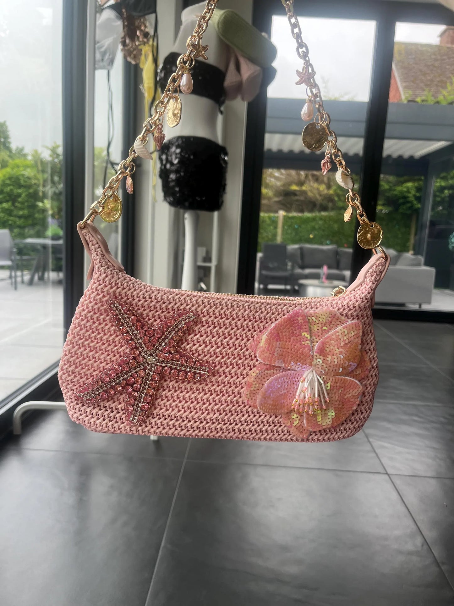 Pink flora & starfish charm bag