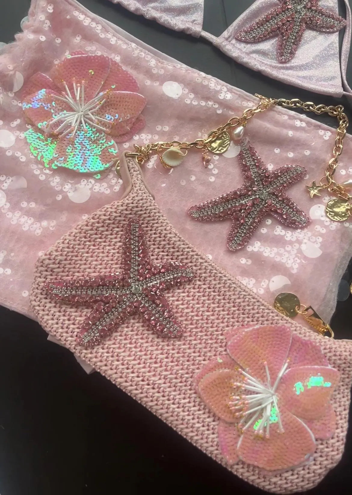 Pink flora & starfish charm bag