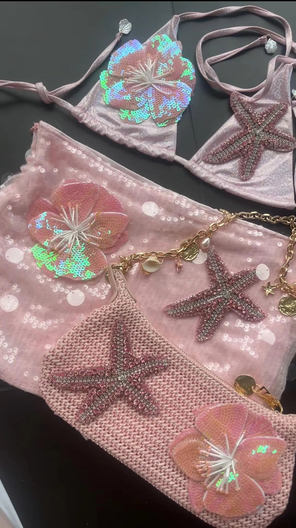 Pink flora & starfish charm bag