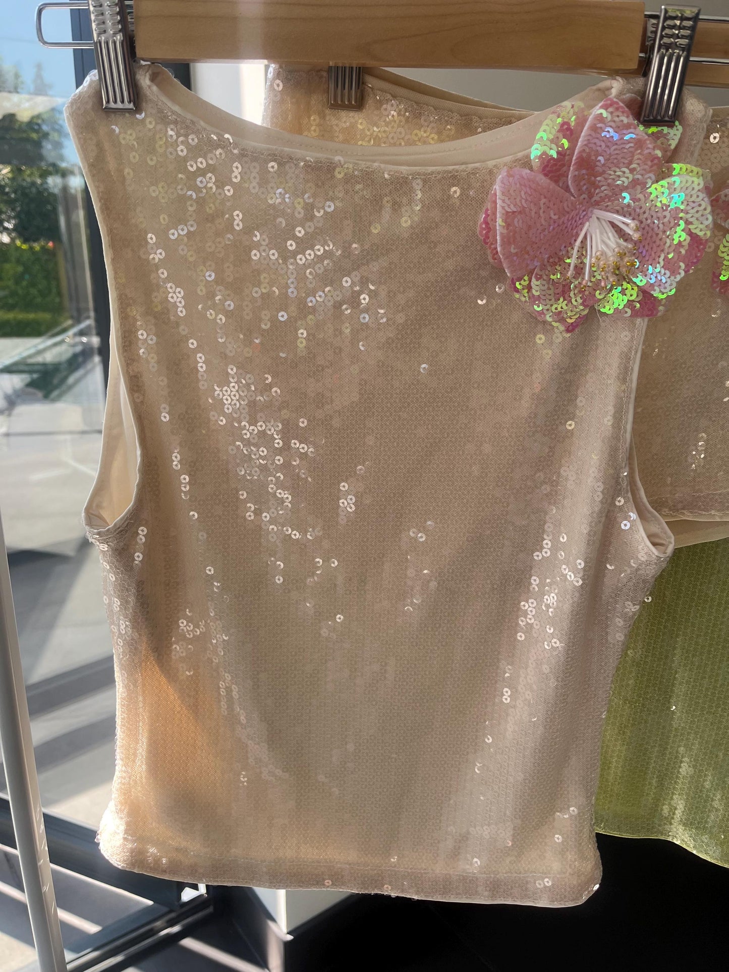 Beige / pink flora sequin tank & shorts SET