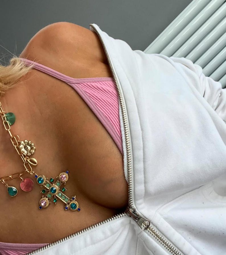 Multi coloured gem cross charm necklace