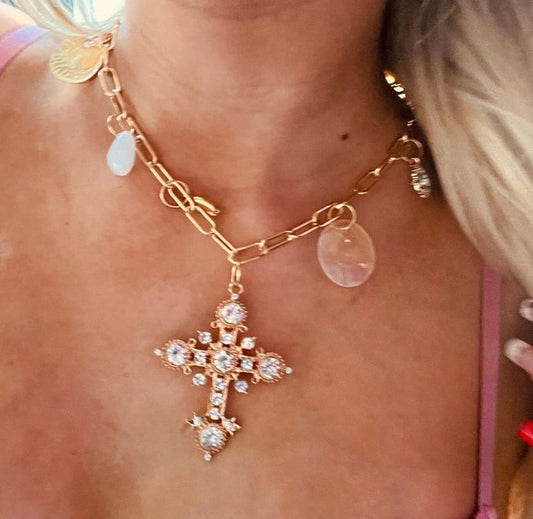 White diamond cross pendent charm necklace