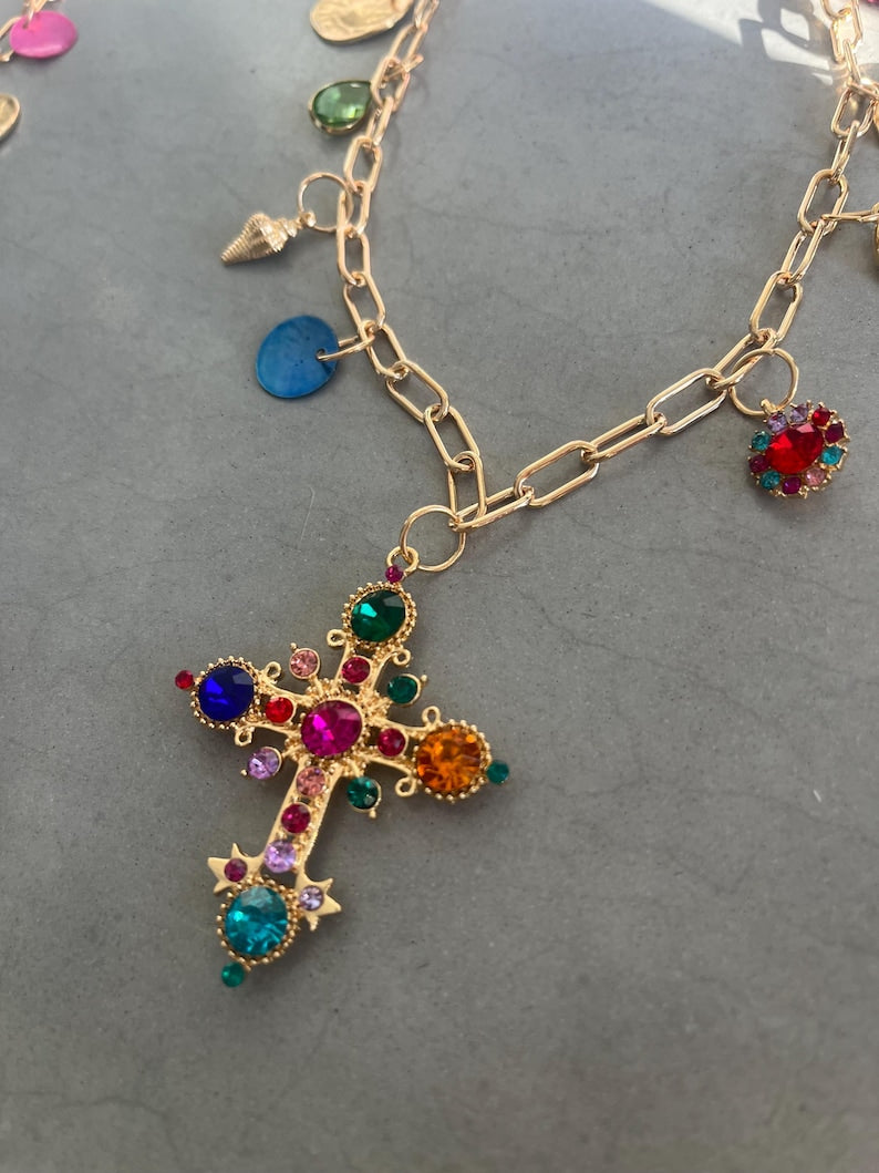 Multi coloured Cross Pendant charm necklace