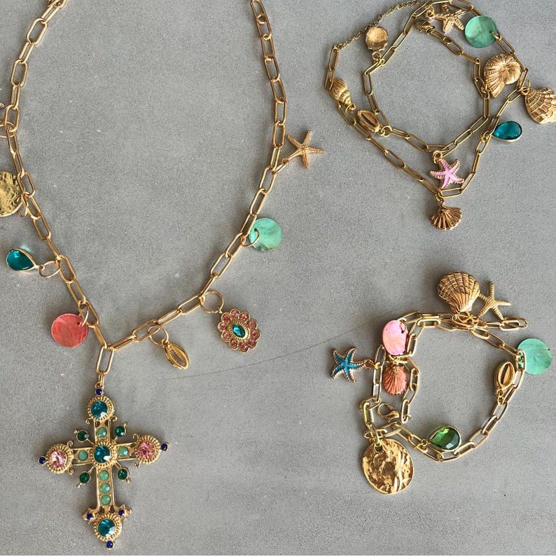 Multi coloured gem cross charm necklace