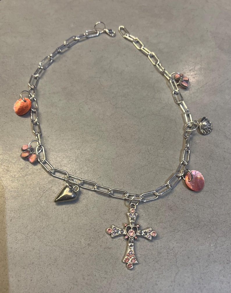 Silver charm necklace Pink gem cross