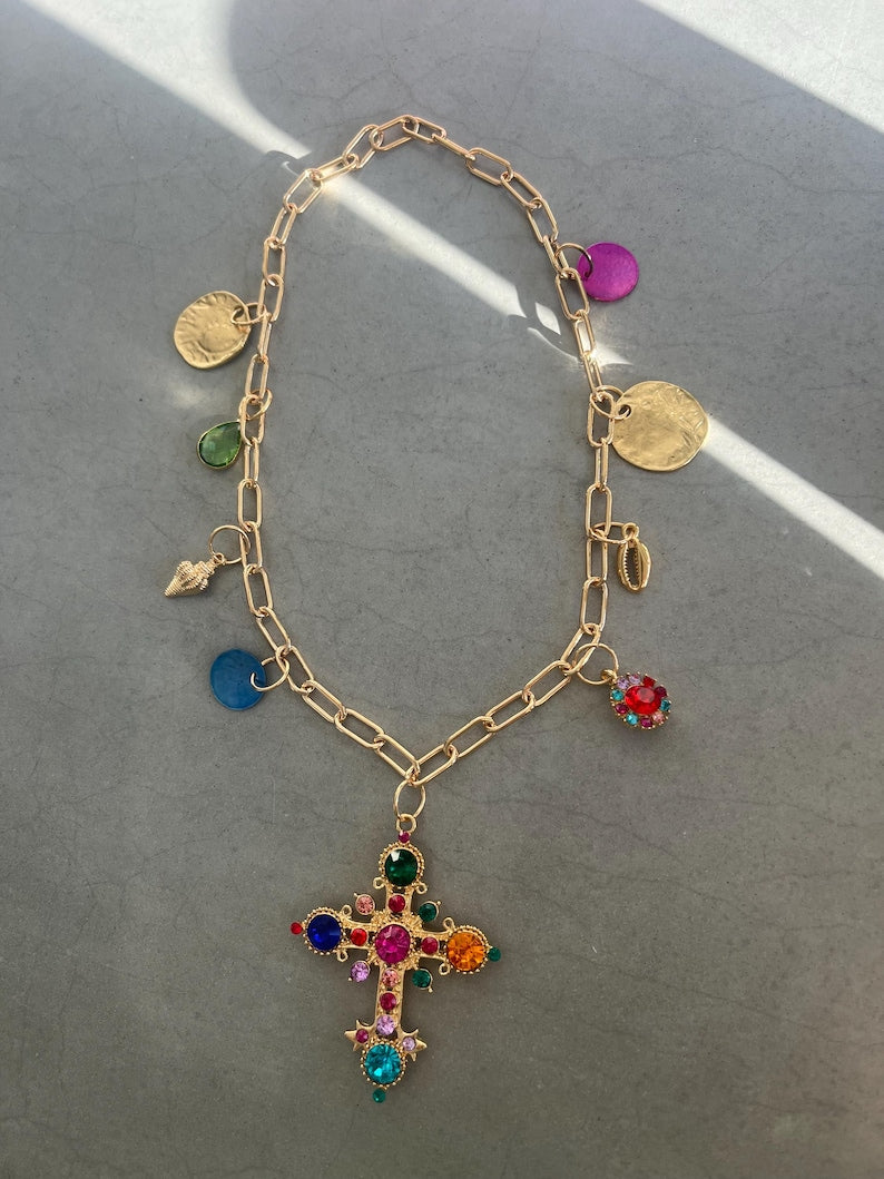 Multi coloured Cross Pendant charm necklace