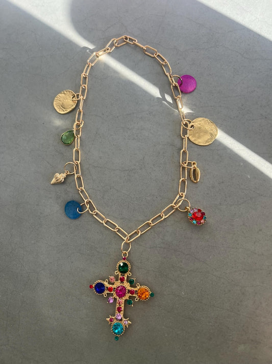 Multi coloured Cross Pendant charm necklace