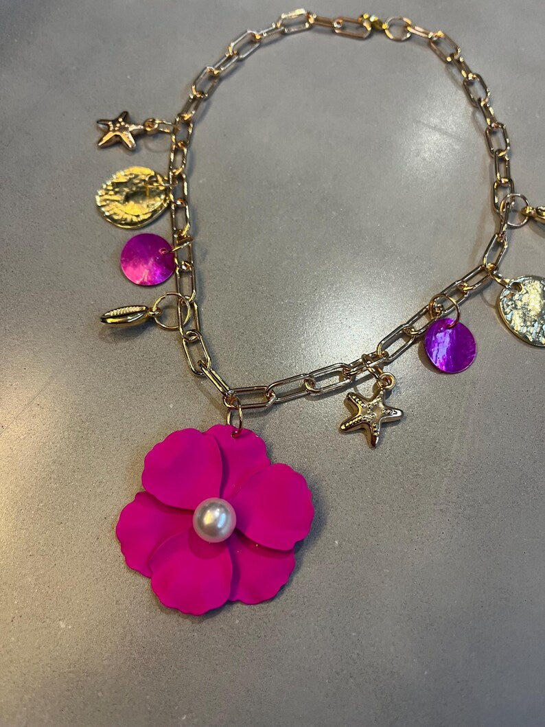 Pink Flora charm necklace