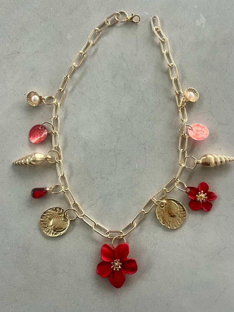 Red flora charm necklace
