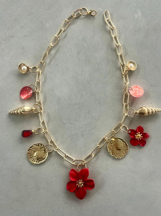 Red flora charm necklace