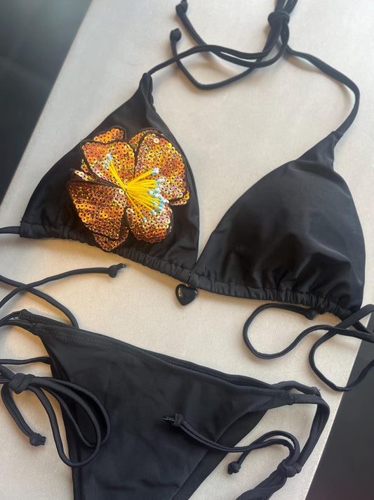 Black / rose gold flora bikini