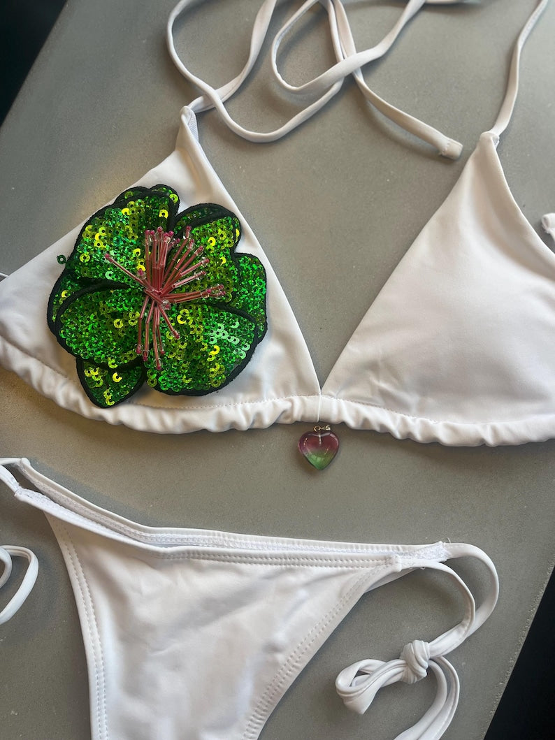 White / green flora bikini