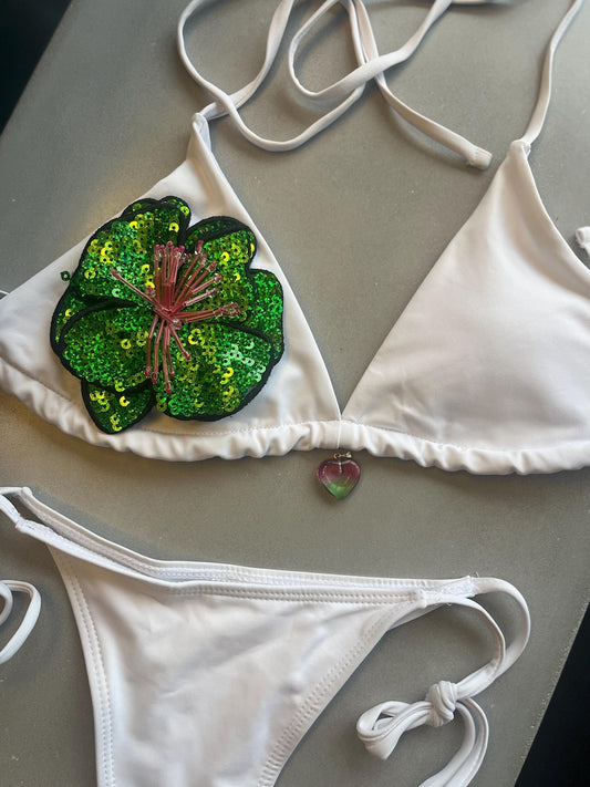 White / green flora bikini