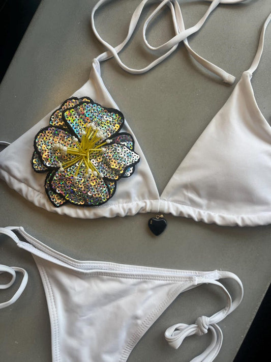 White / silver flora bikini