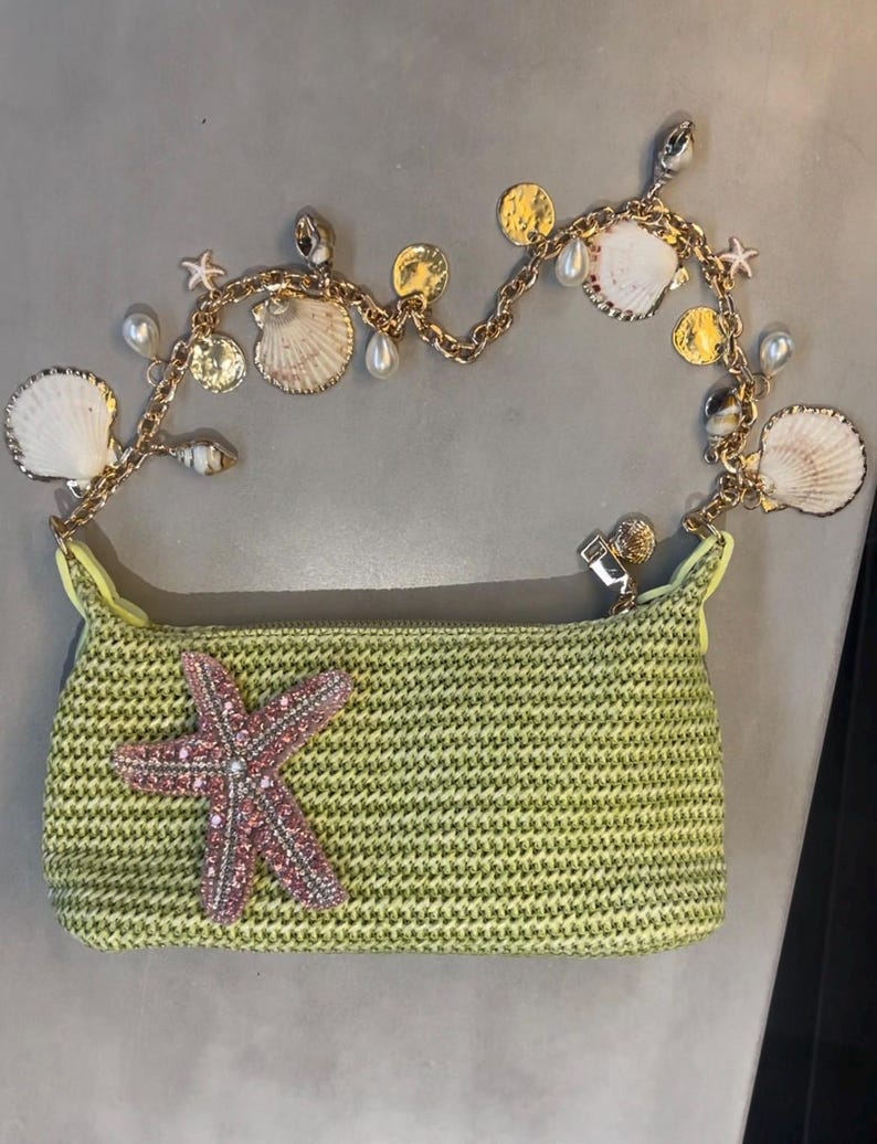Matcha / pink Gem starfish & shells charm bag