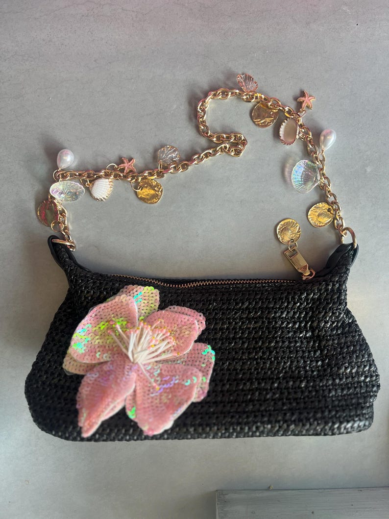 Black / Pink flora charm bag