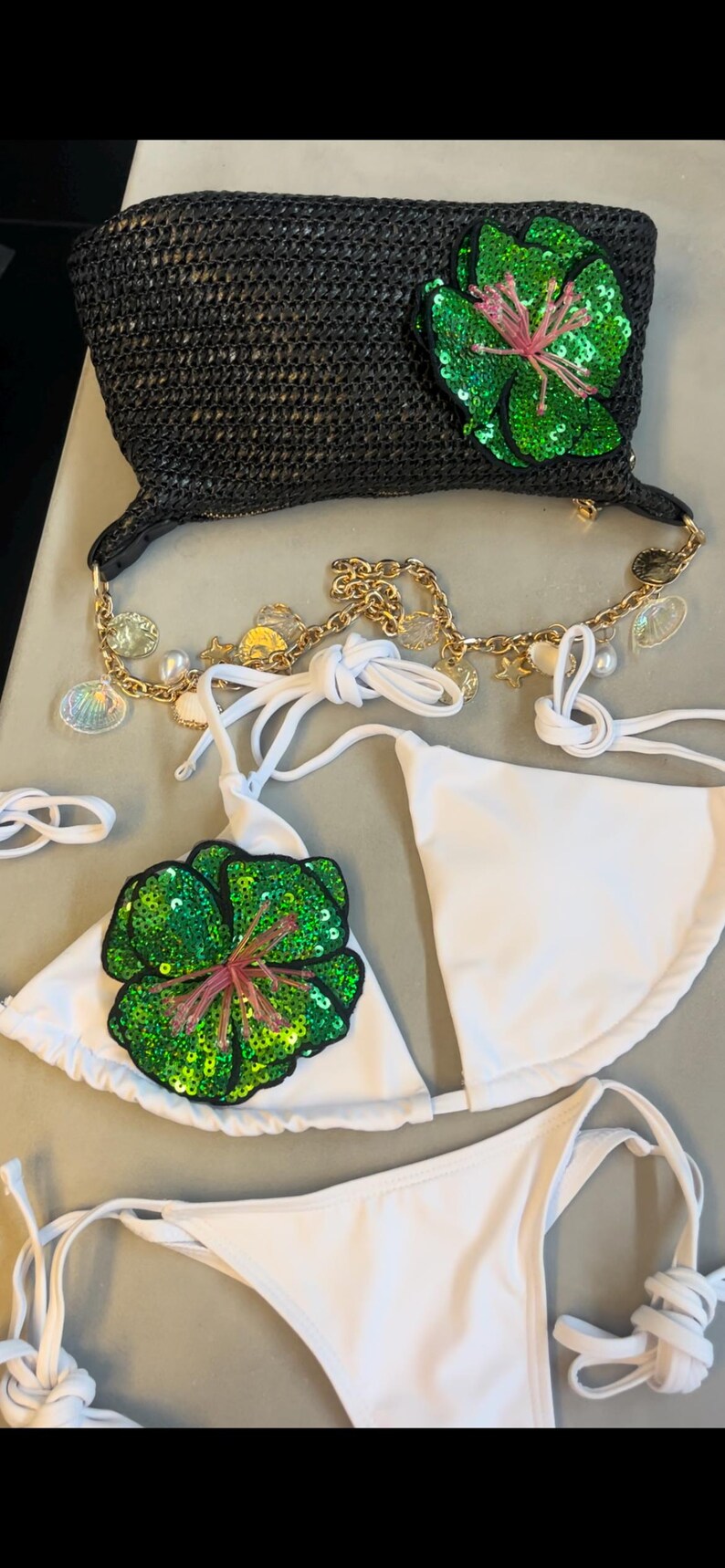 Black / green flora charm bag