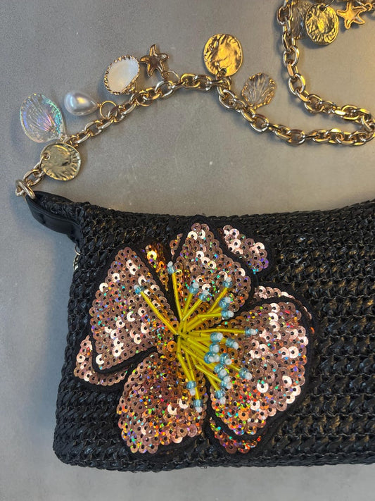 Black / rose gold flora charm bag