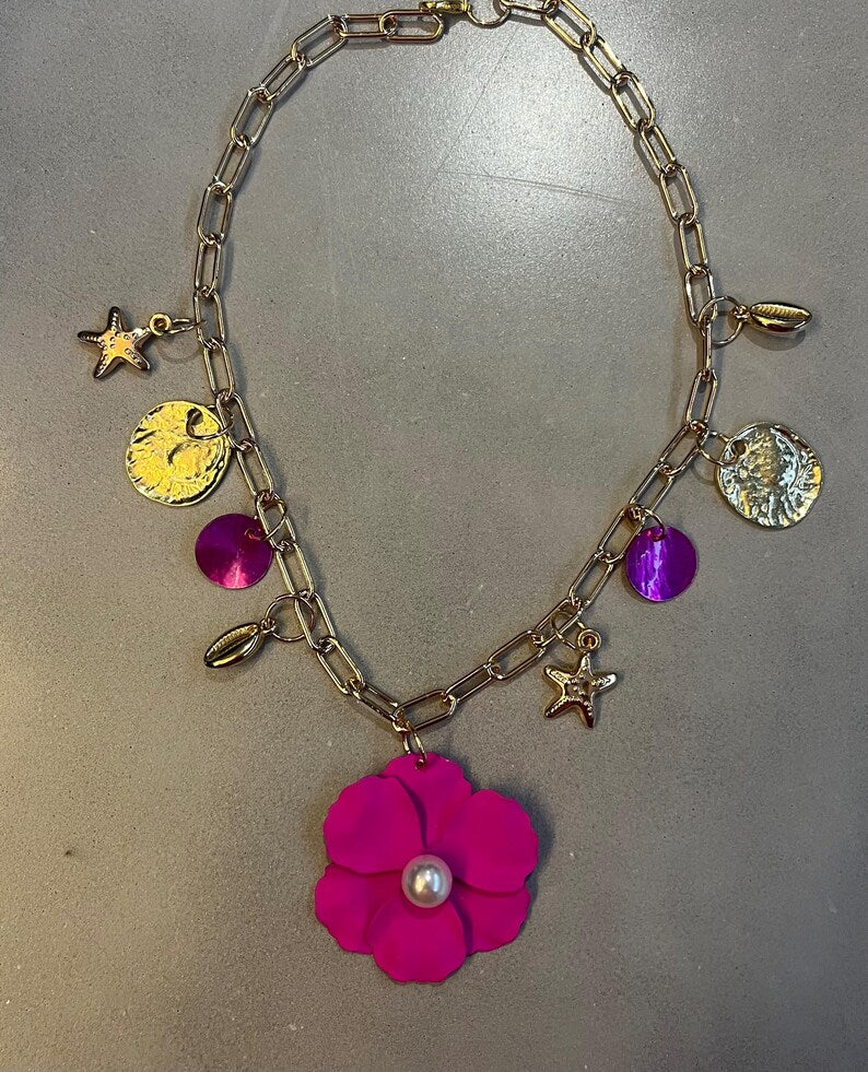 Pink Flora charm necklace