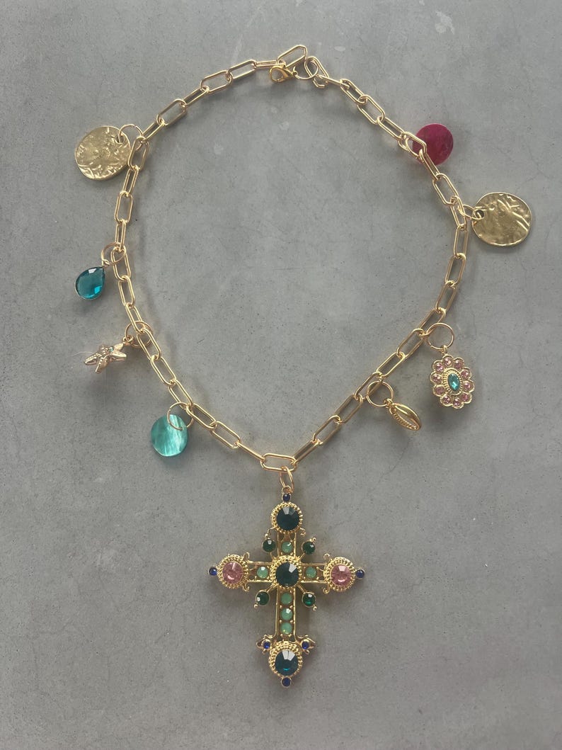 Multi coloured gem cross charm necklace