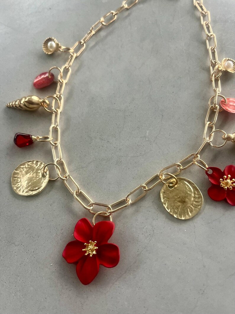 Red flora charm necklace
