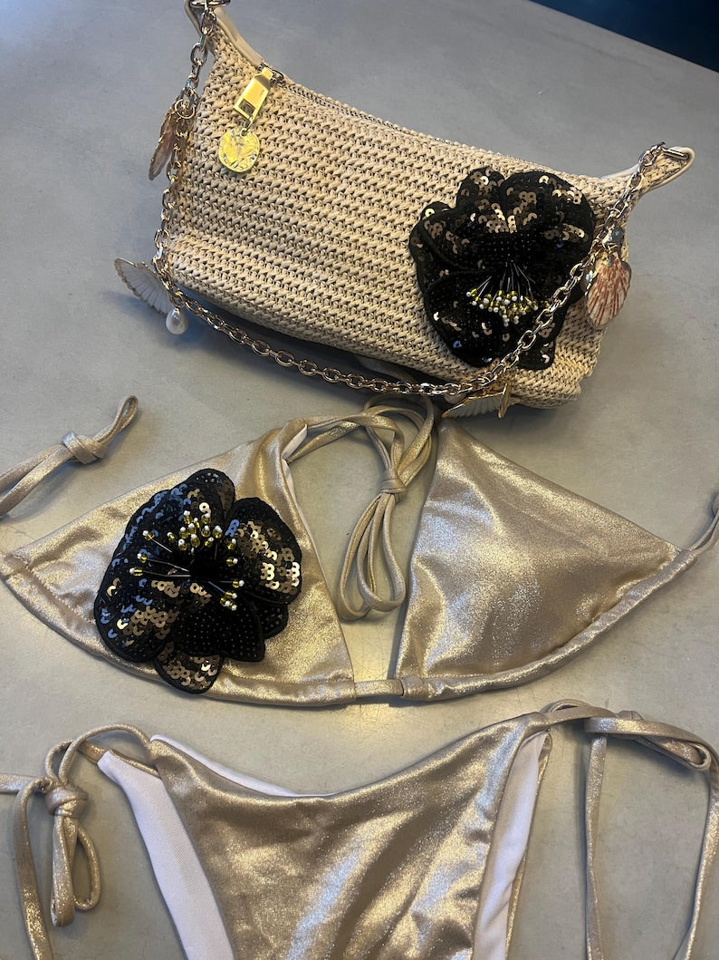 Beige / black flora bikini