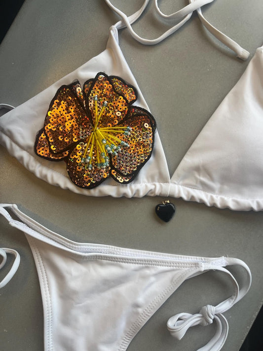 White / rose gold flora bikini