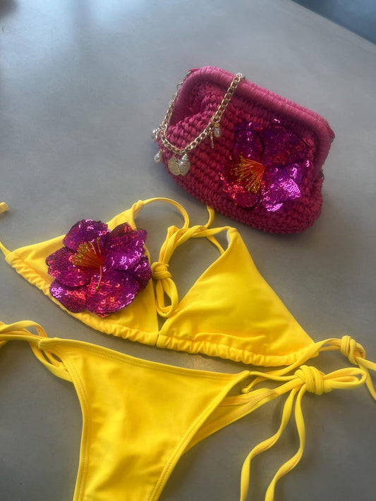 Yellow / dark pink flora bikini