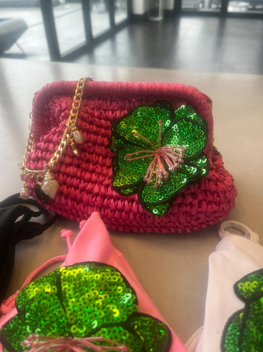 Dark pink / green flora charm bag