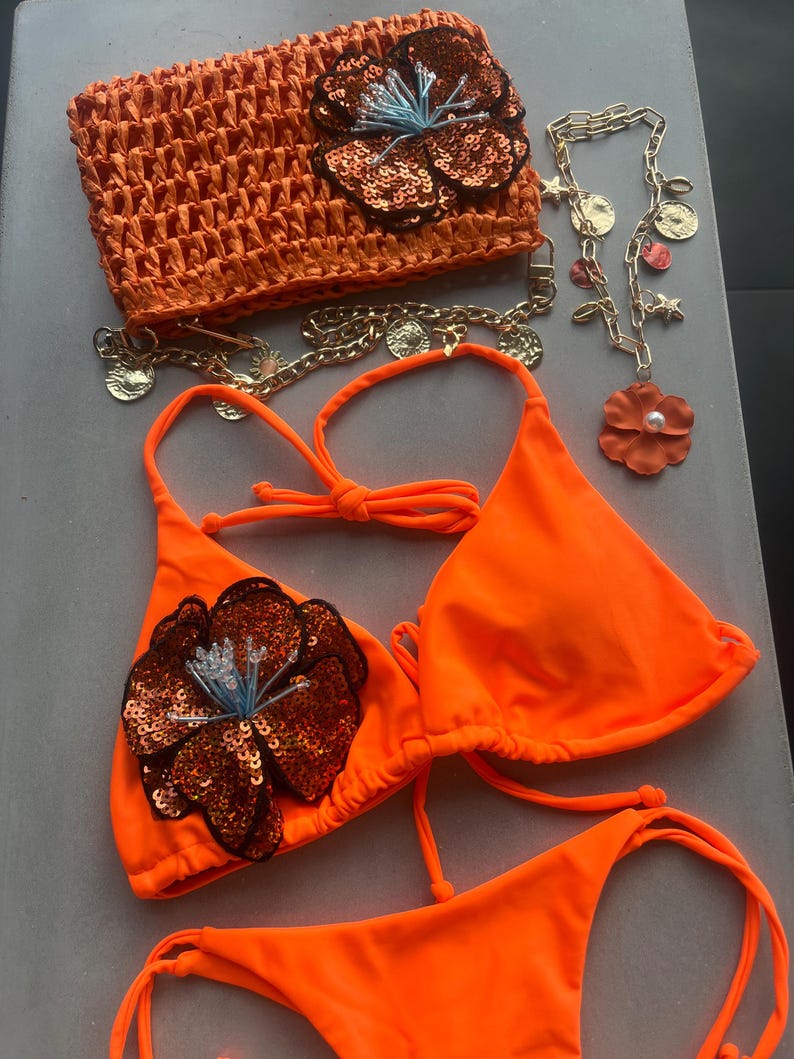 Orange / dark orange flora bikini