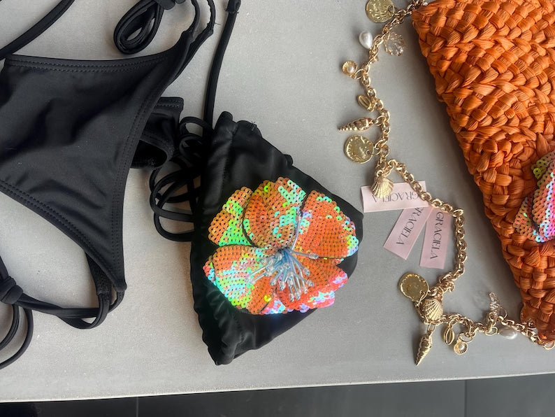Black / orange flora bikini