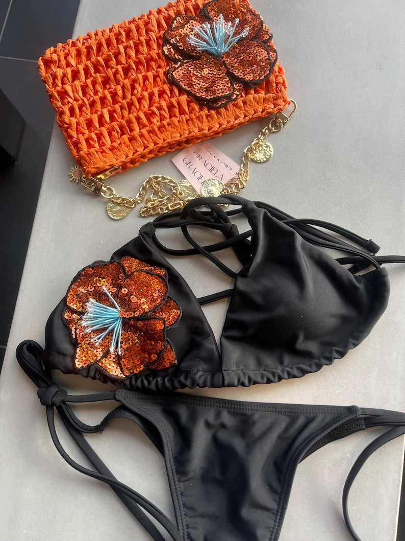 Black / dark orange bikini