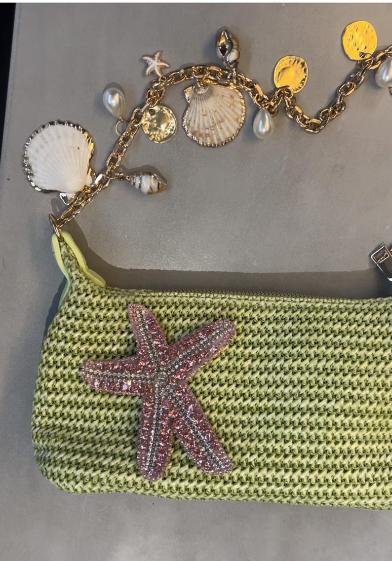 Matcha / pink Gem starfish & shells charm bag