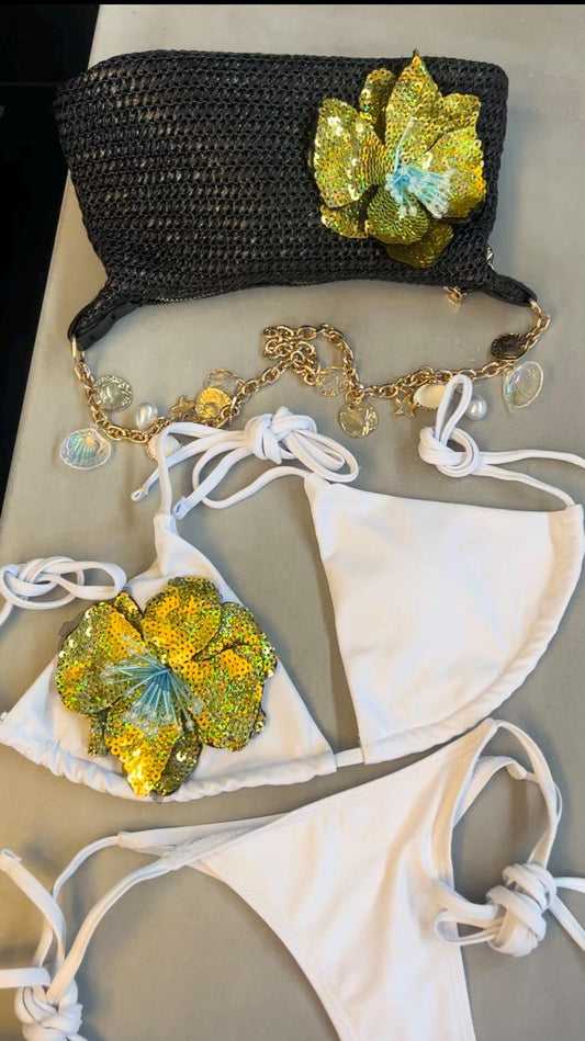 White / gold flora bikini