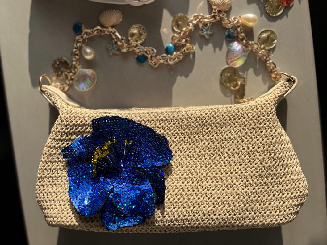 Beige / royal blue flora charm bag